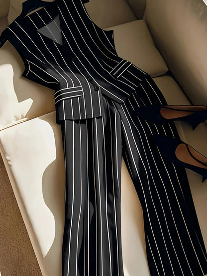 Ladies Elegant Sleeveless Blazer Vest And Wide Leg Pants Set Fashionable Minimalist Top Bottom Ensemble for Women