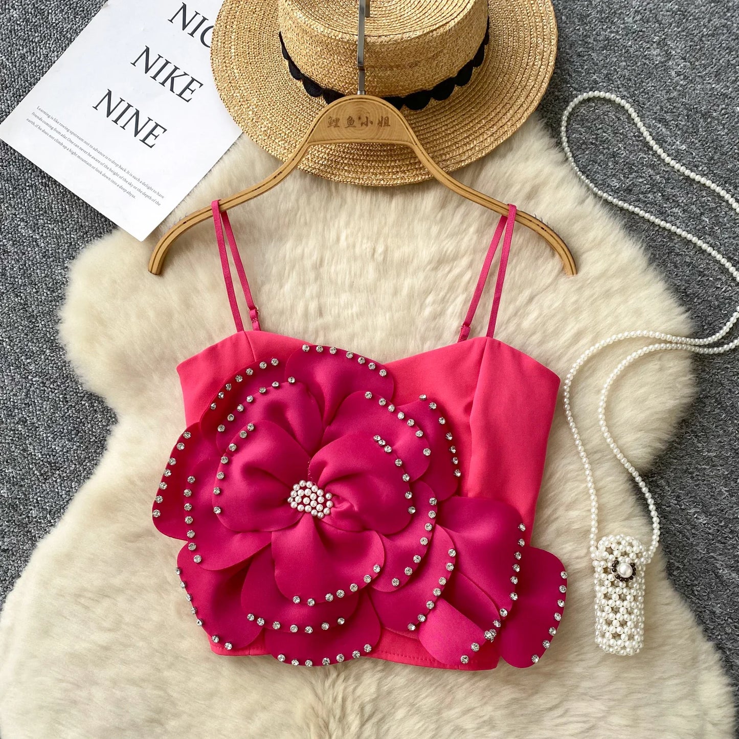 New French Sweet Strap Camisole Strapless 3D Floral Beading Diamonds Design Tops Elastic Ruched Slim Streetwear Tank Top
