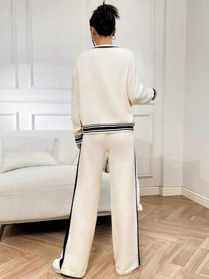 Women's Two-Piece Knit Set Contrast Trim Cardigan & Wide-Leg Pants Casual Loungewear (White/Navy Blue)