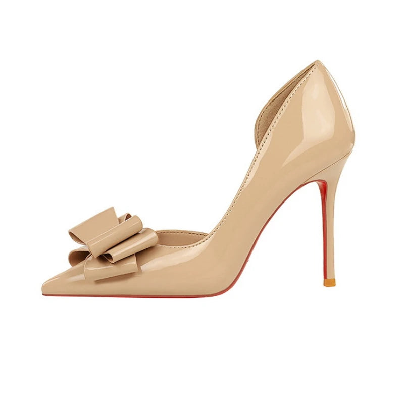 Nude Patent Leather Pointed Toe Stiletto Heel Pumps With Bow Cut Out High Heels For Wedding Party Prom Evening Formal Dress