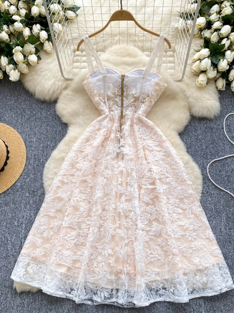 Women Sexy Hollow Out Party Club Embroidery Dress Ladies Formal Occasion Summer Fish Bone Splicing Strap Evening Vestidos Autumn