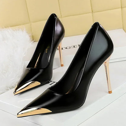 BIGTREE Retro Shallow Metal Pointed Toe High Heels Women Pumps  Stripper Elegant Party Thin Low Heels Black Heels Shoes