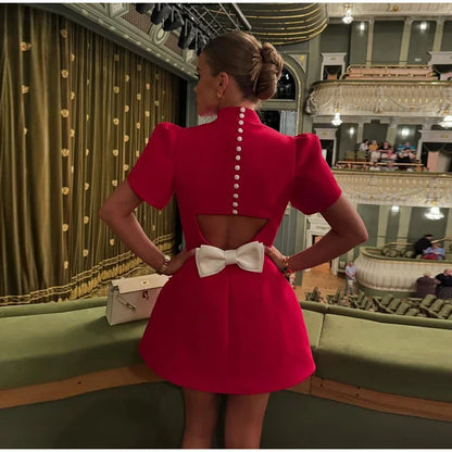 Fashion Back Single Breasted Hollow Out Bow Mini Dress Elegant Solid High Waist A Line Short Dresses 2024 New Lady Party Gowns