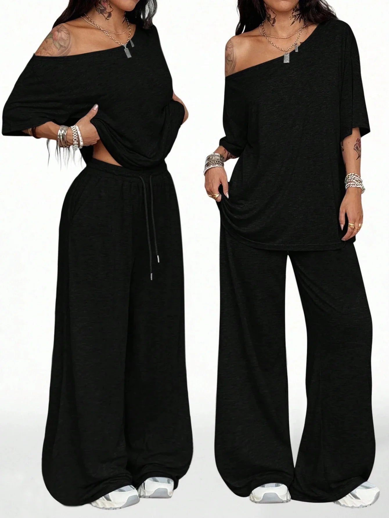 Women's Casual Solid Color Sports Two-Piece Loose Fit Pants Set with Slanted Hem and Wide Leg Design for Spring and Autumn