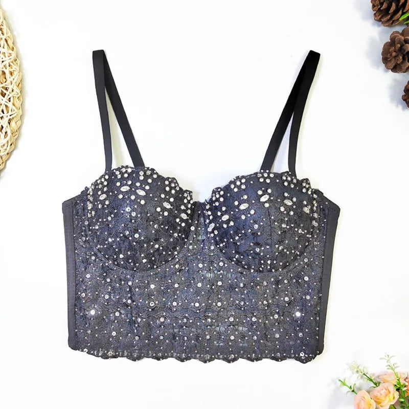 Women Crocheted 3D Lace Corset Stylish Floral Embroidery Bustier Push Up Bra Lady Tank Top Elegant Cropped Top Club Party Bralet