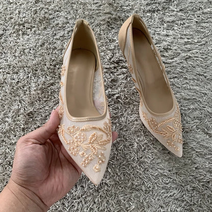 String Bead Mesh Embroider High Heels Women Sexy Pointed Toe Heeled Sandals Summer Elegant Luxury Designer Wedding Pumps Shoes