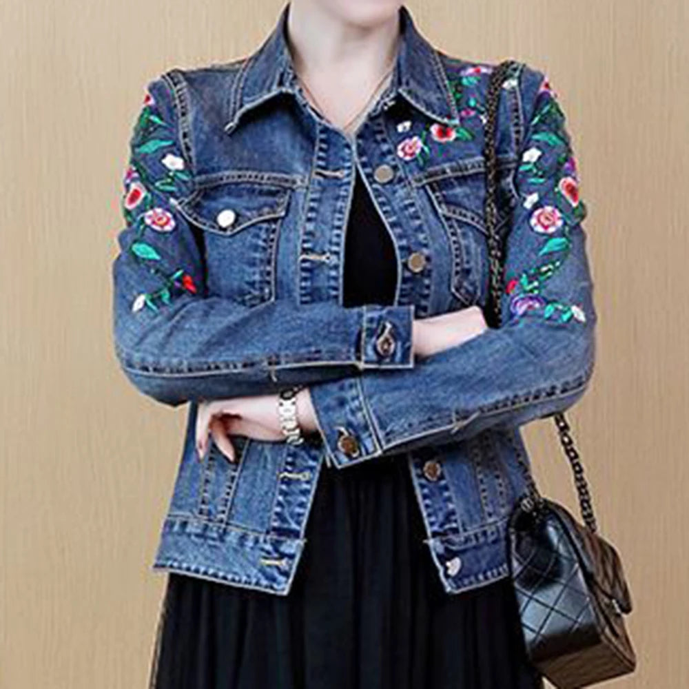 Embroidered denim jacket women's short 2025 spring and autumn new versatile elastic slim denim jacket Korean version jacket top