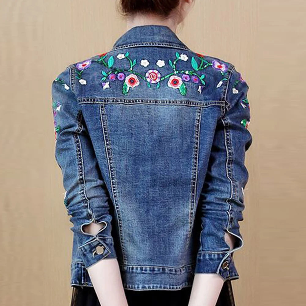 Embroidered denim jacket women's short 2025 spring and autumn new versatile elastic slim denim jacket Korean version jacket top