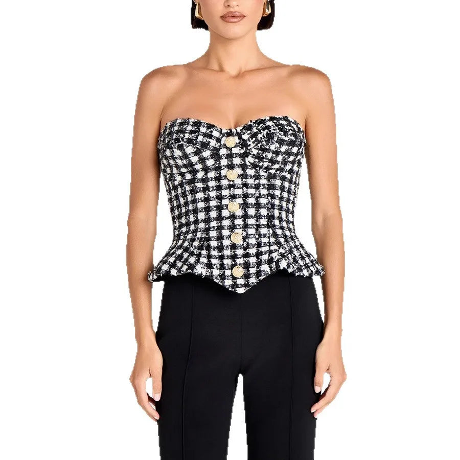 Vintage Plaid Tube Top Vest Women Fashion Sexy Hot Girl Buttons Irregular Slim Sleeveless Cropped Top Party Streetwear Female