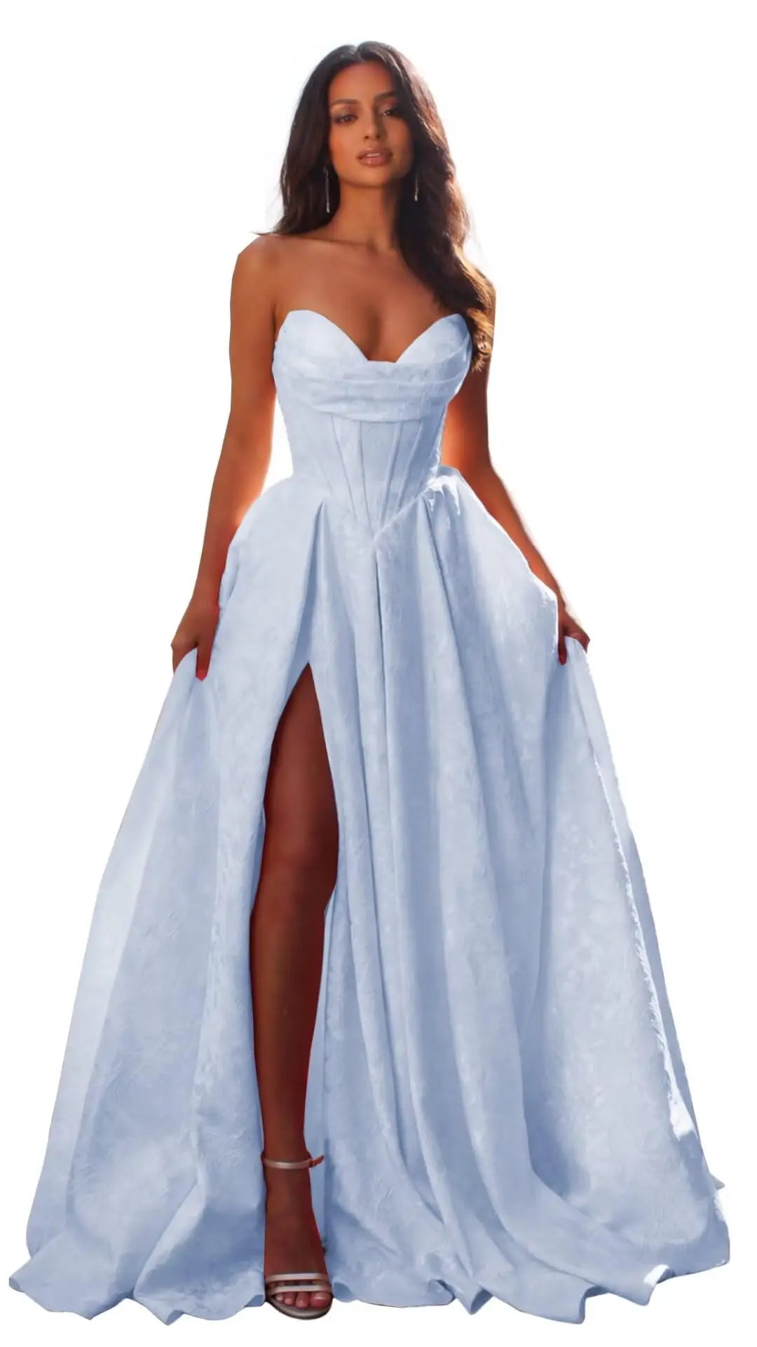 Women Elegant Jacquard Satin Prom Dresses with Slit Strapless Corset A Line Long Formal Gowns Evening Gowns Party Dresses
