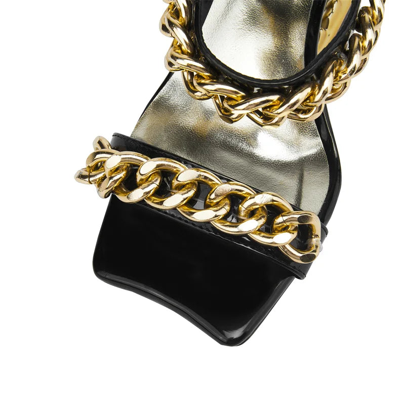 2026 Big Gold Chain Peep Toe Tiger Teeth Heel Sandals 2024 New Fashion Silvery Beach Party Outdoors Women's Slippers Size 35-43