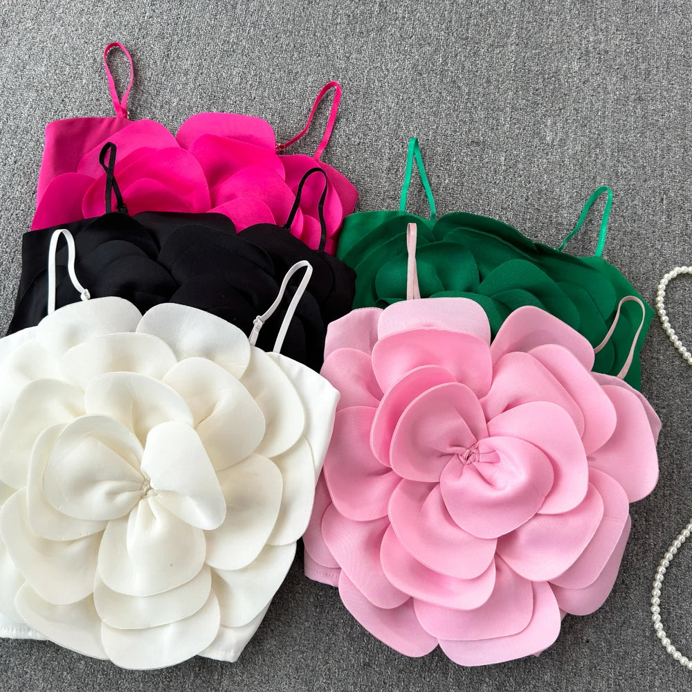 Stretchy Back Camis Slim Woman Solid Big Flower Tank Girl 2024 Summer Crop Top for Female Camisole