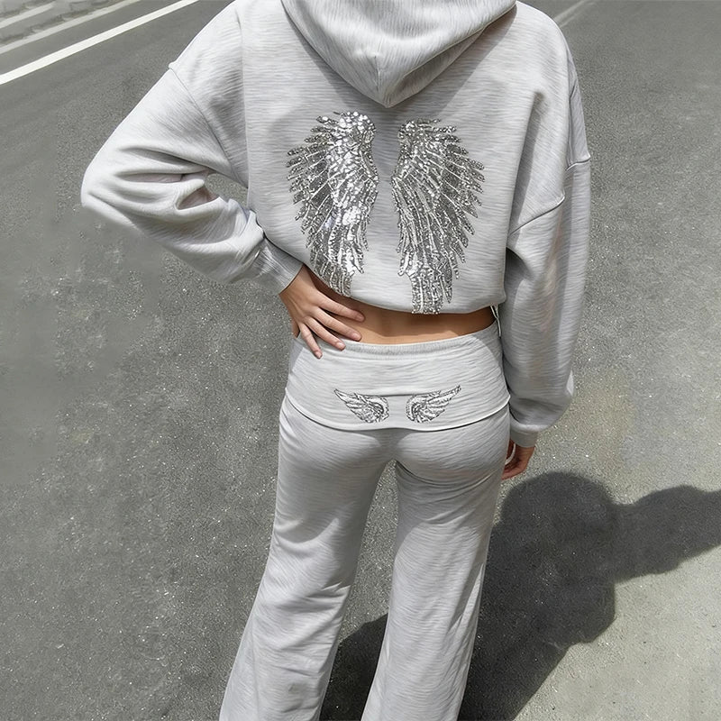 Spring autumn Women's Hoodie Trousers 2piece Set Solid Vintage Shiny Wing Print Long Sleeve Zip Up Casual Sweatshirt Streetwear