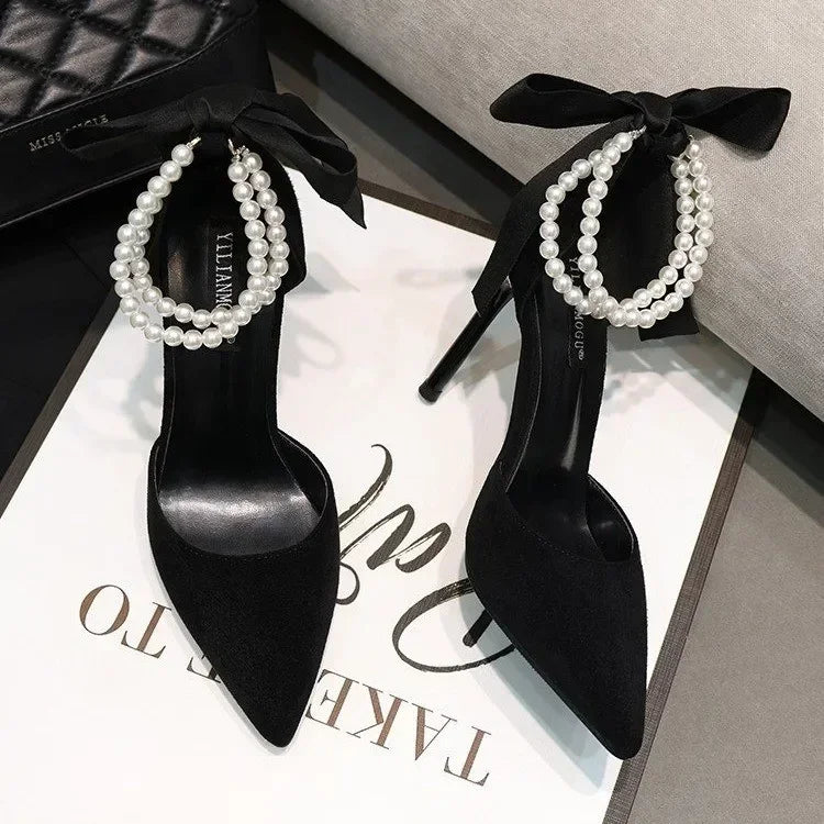 Comemore 2025 Summer  Bow Black High Heel Sandals Lace-up Solid Ladies Shoes Fashion Thin Heels Buckle Women's Sandals banquet