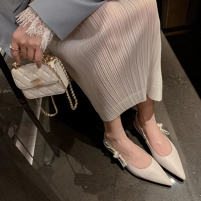 New Summer Low Block Heel Suede Pointed Toe Low-Cut Flats with Letter Back Strap Closed-Toe Sandals