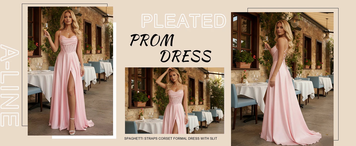 Pleated Satin A Line Prom Dresses for Women Spaghetti Straps Sequin Corset Formal Dress with Slit Formal Dress Women Elegant