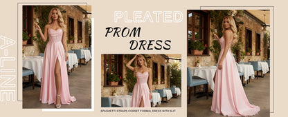 Pleated Satin A Line Prom Dresses for Women Spaghetti Straps Sequin Corset Formal Dress with Slit Formal Dress Women Elegant