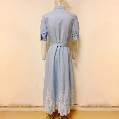 Lace-up Women Shirt Dress 2024 Summer Elegant Single Breasted Puff Sleeve Maxi Dress Vestidos Bohemian Sundress Party Robe
