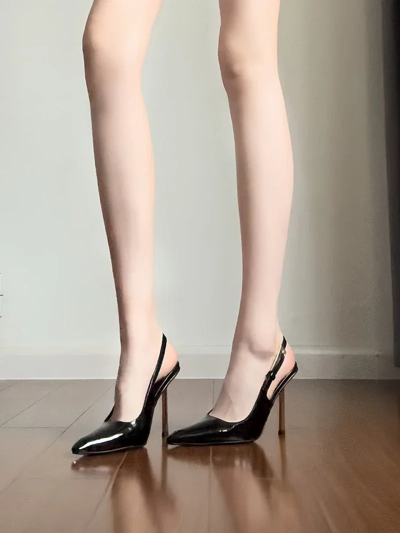 Black Pointed Toe High Heels Thin Heel Metal Cap Sandals Women's Shoes Elegant Painted Leather Sexy Fine Heel New 2025