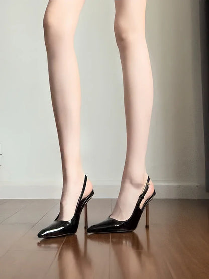 Black Pointed Toe High Heels Thin Heel Metal Cap Sandals Women's Shoes Elegant Painted Leather Sexy Fine Heel New 2025
