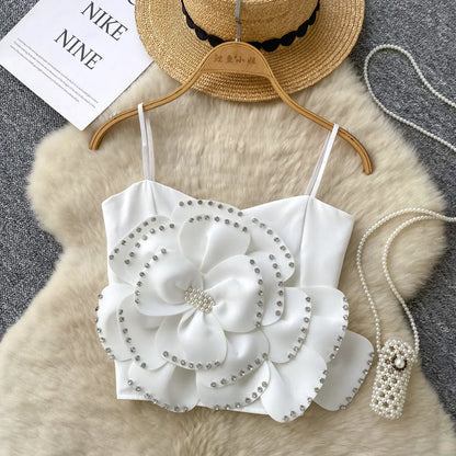 New French Sweet Strap Camisole Strapless 3D Floral Beading Diamonds Design Tops Elastic Ruched Slim Streetwear Tank Top