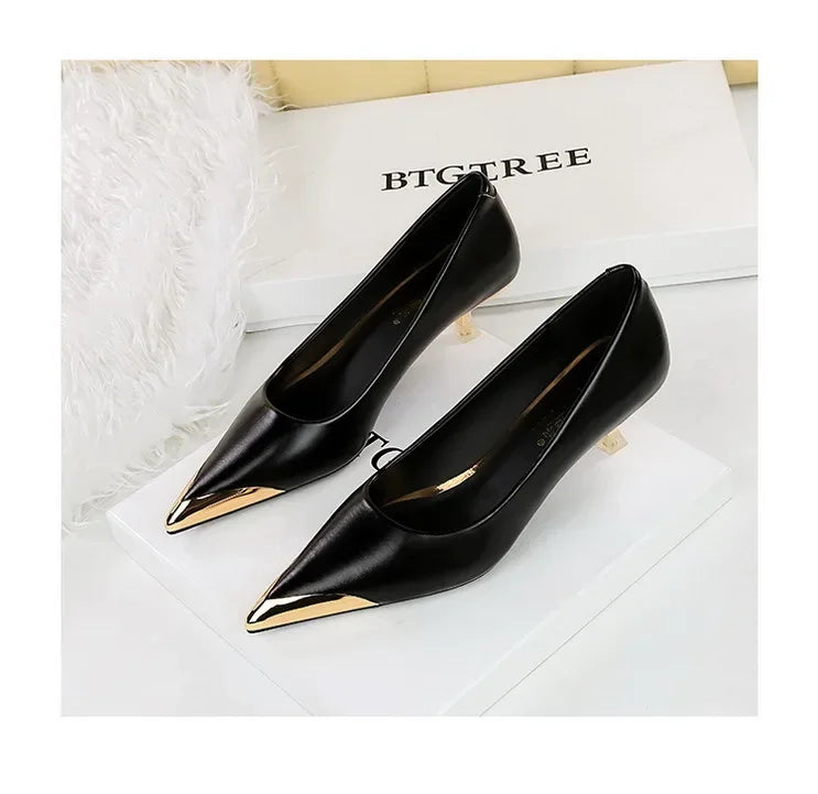 BIGTREE Retro Shallow Metal Pointed Toe High Heels Women Pumps  Stripper Elegant Party Thin Low Heels Black Heels Shoes