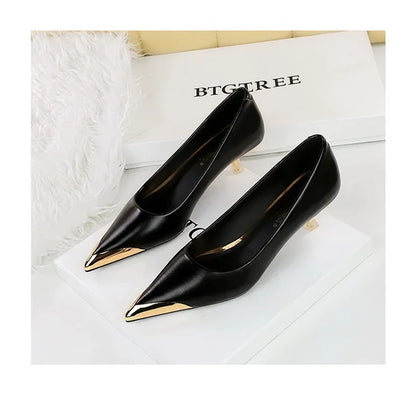 BIGTREE Retro Shallow Metal Pointed Toe High Heels Women Pumps  Stripper Elegant Party Thin Low Heels Black Heels Shoes