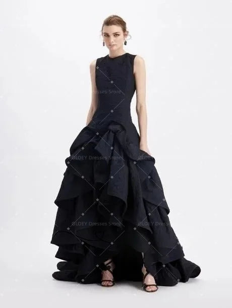 OLOEY Black Embossed Fabric Sleeveless Evening Dress Tiered Irregular Prom Women Customized Party فساتين سهرة
