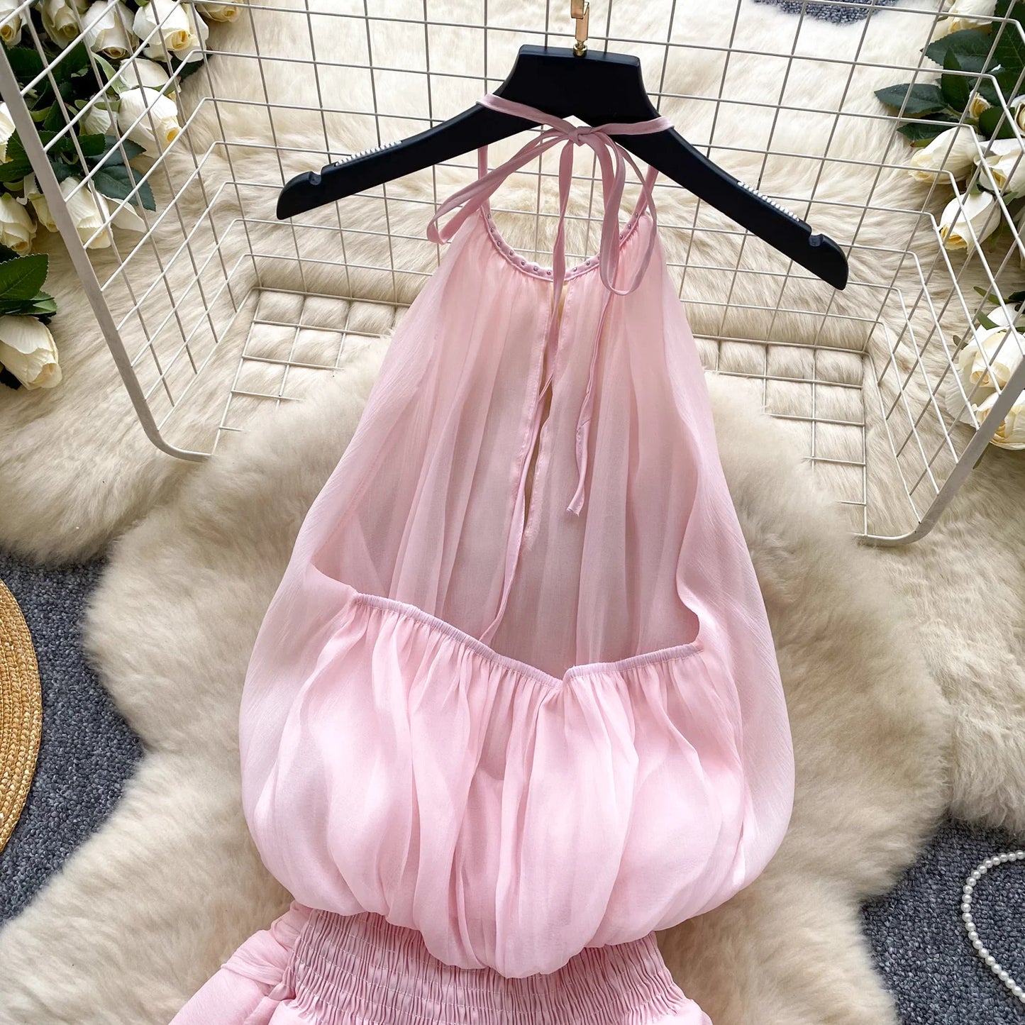 SINGREINY Strap Chiffon Mini Dress Female Pearl Halter Sleeveless Backless Sexy Design Fairycore Vacation Summer Ruffles Dress