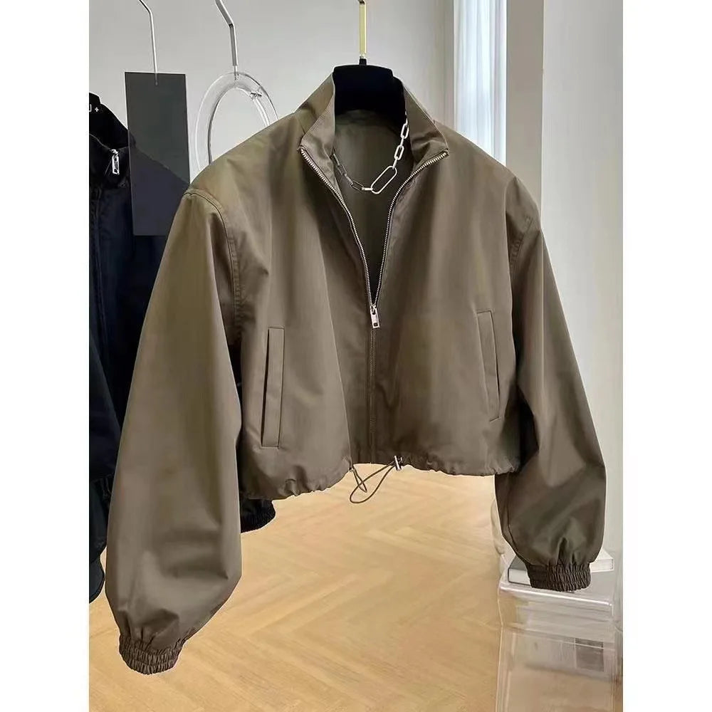 2025 New Autumn Korean Style High-End FeelDesign Stand Collar Cropped Jacket For Women Petite Workwear Elegant Casual Chic Tops