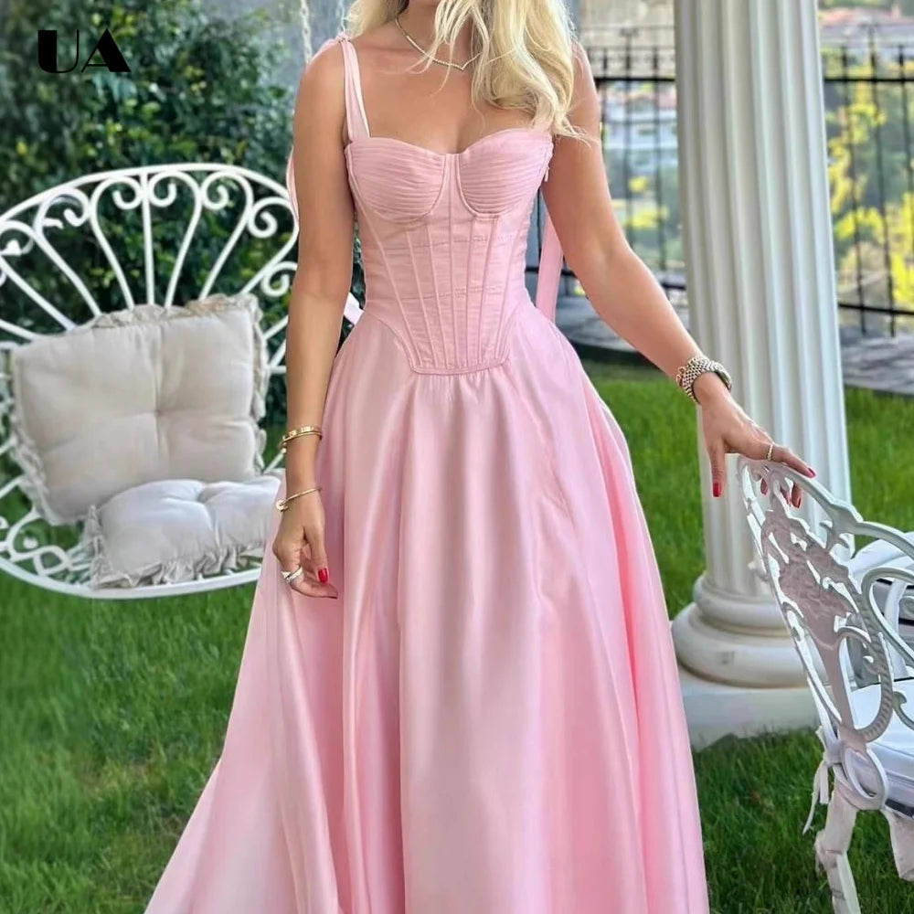 Elegant A-line Bow Ruched Midi Prom Dress, Sweet Strapless Lace-up Long Dress for Woman, Trendy Sleeveless Fishbone Party Dress