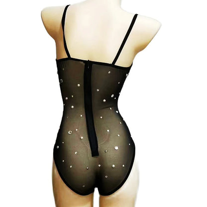 Women Sexy Pearl Strap Drag Queen Rhinestone Bodysuits Birthday Outfit Leotard Black Stage Wear 2025