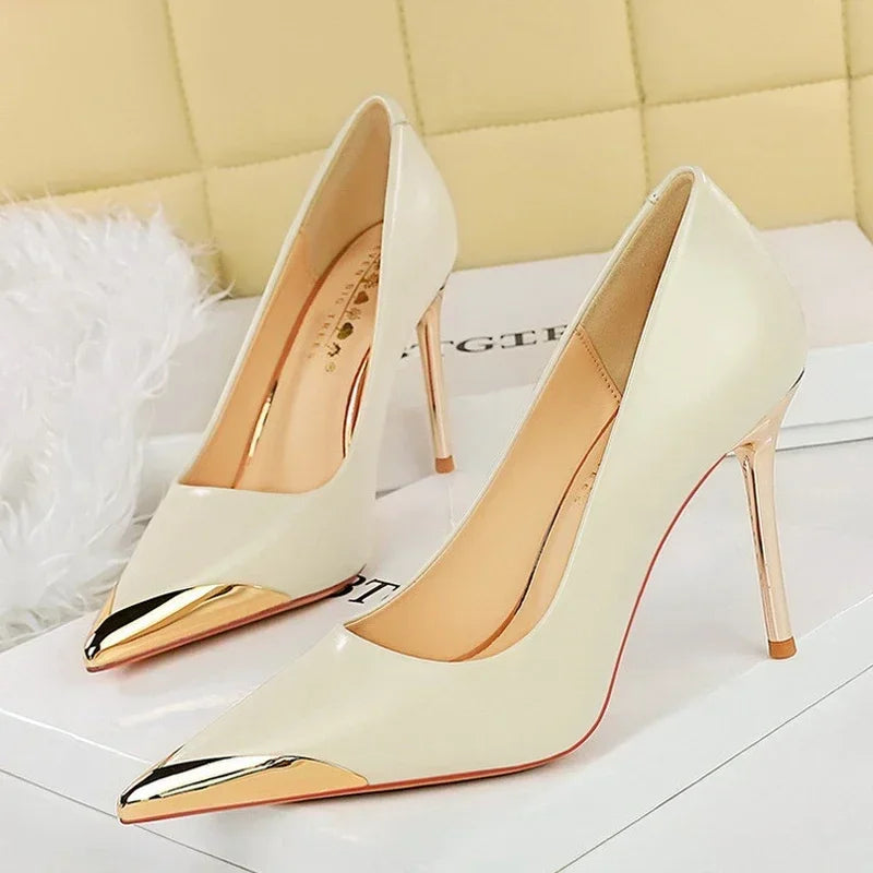 BIGTREE Retro Shallow Metal Pointed Toe High Heels Women Pumps  Stripper Elegant Party Thin Low Heels Black Heels Shoes