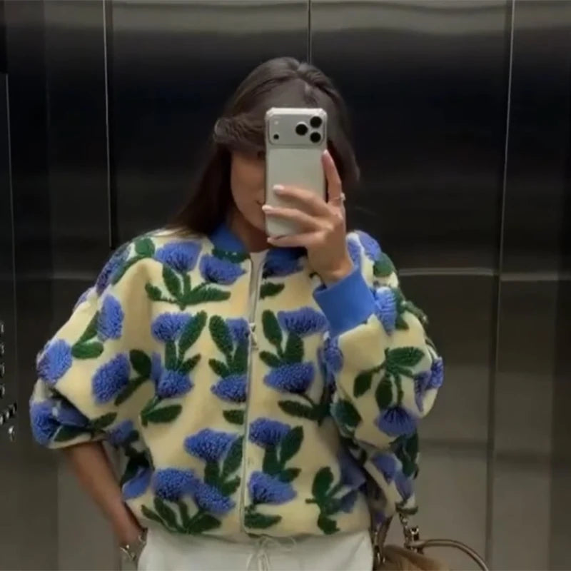 Sweet Dreamy Flower Plush Bomber Jacket For Women Casual Oversized Long Sleeves Zip Up Fleece Coat 2026 High Street Daily Wear