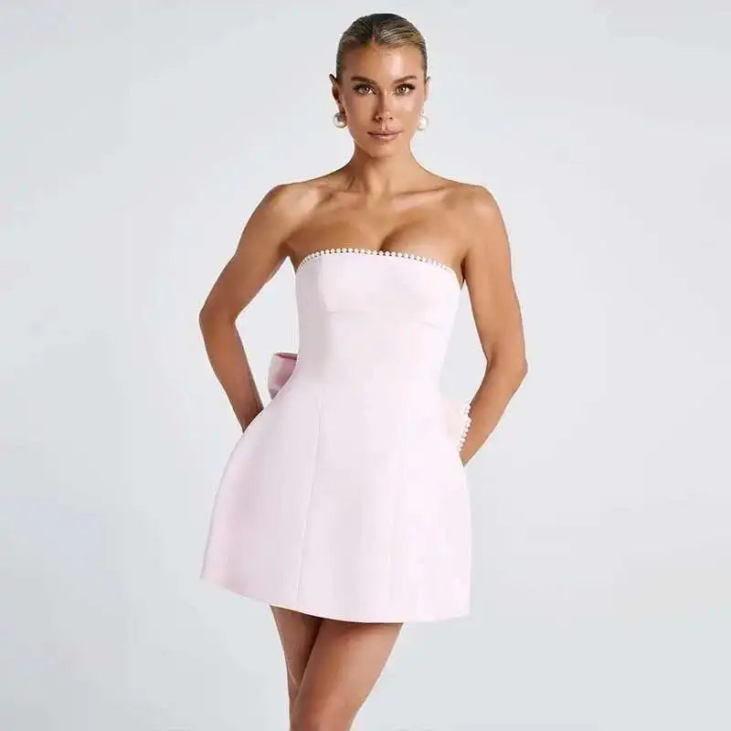 Avrilyaan Bow Pearl Short Backless Sleeveless Sexy Dress Women Elegant Party Dress Strapless Bodycon Mini Summer Dress Vestidos