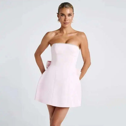 Avrilyaan Bow Pearl Short Backless Sleeveless Sexy Dress Women Elegant Party Dress Strapless Bodycon Mini Summer Dress Vestidos