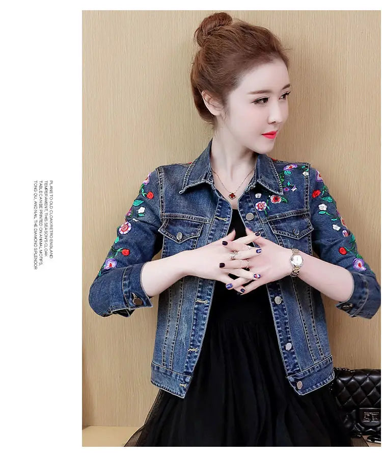 Embroidered denim jacket women's short 2025 spring and autumn new versatile elastic slim denim jacket Korean version jacket top