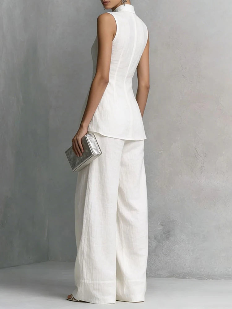 Women's Summer Stand Collar Sleeveless Single-Breasted Cardigan Top with Wide Leg Pants 2PCS Set Solid Holiday Outfit Streetwear