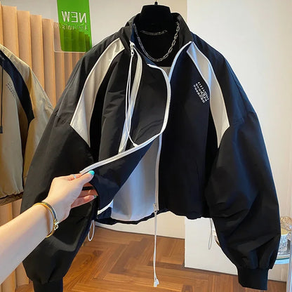 Design  niche loose casual stand up collar trench coat, women's spring and autumn short jacket double zipper