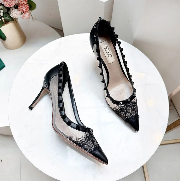 V-Home Mandarin Orange High Heels Lace Mesh Rivet Pointed Toe Versatile Single Shoes Women Summer Fashionable Elegant
