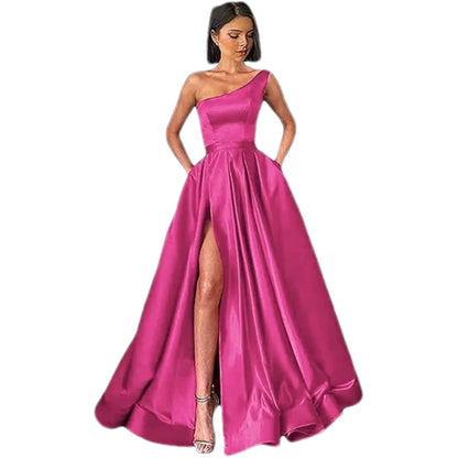Customized Women's One Shoulder Prom Dresses Long Ball Gown High Slit Satin Corset Formal Dress Evening Gowns with Pockets