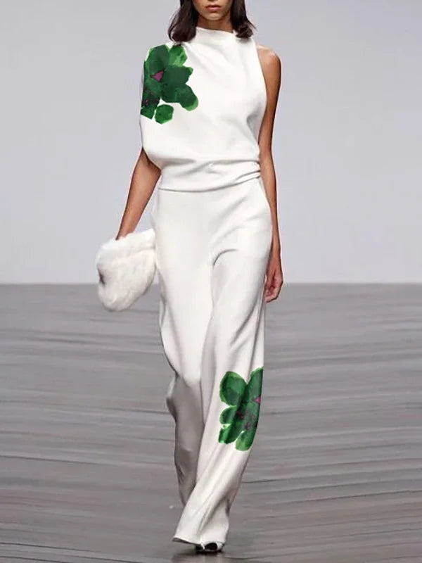 UOOZEE 2025 New Summer Women's 2 Piece Sets Fashion Floral Printed High Neck One-shoulder Tops & High Waisted Straight Leg Pants