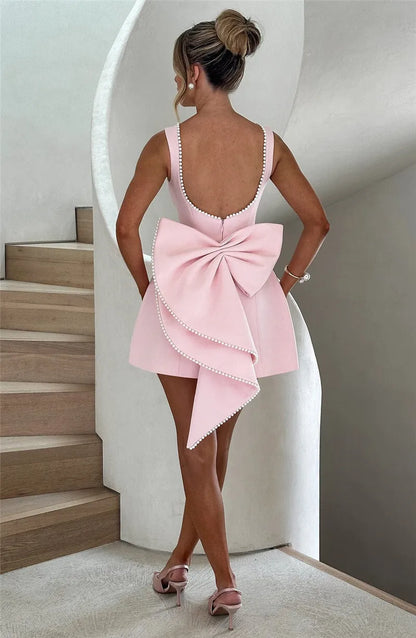 Mozision Pearl Bow Backless Sexy Mini Dress For Women Robe Fashion Zipper Sleeveless High Waist A-line Club Party Dress Elegant
