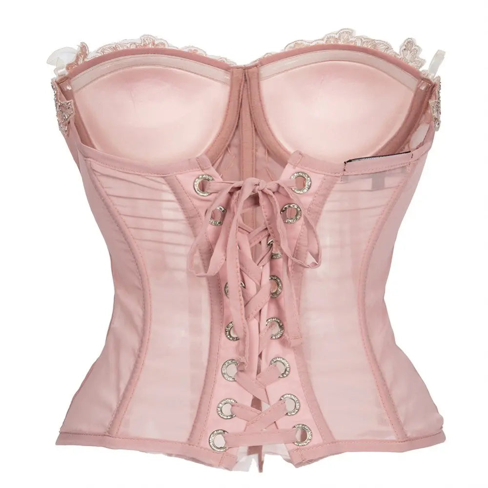 Pink Transparent Mesh With Floral Appliques Overbust Gothic Corset Top Woman Push Up Bustier Lingerie Sexy Hot Corsetto Donna