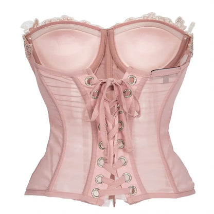 Pink Transparent Mesh With Floral Appliques Overbust Gothic Corset Top Woman Push Up Bustier Lingerie Sexy Hot Corsetto Donna