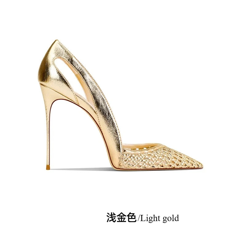 Summer New Women's Black Leather Woven Fashionable and Sexy Pointed Thin Heel High-heeled Shoes