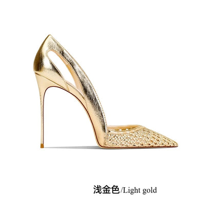 Summer New Women's Black Leather Woven Fashionable and Sexy Pointed Thin Heel High-heeled Shoes