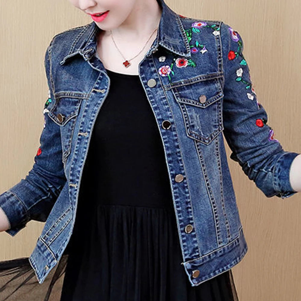Embroidered denim jacket women's short 2025 spring and autumn new versatile elastic slim denim jacket Korean version jacket top