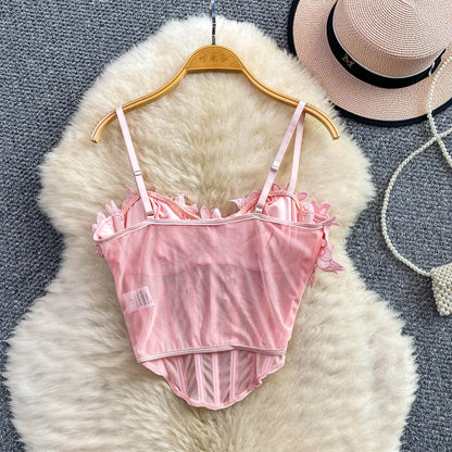 Slimming Floral Lace Crop Top Women's Summer Fashion Fishbone Design Strap Vest Breathable Short Style Sexy European Style