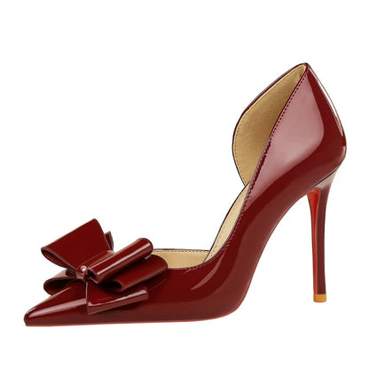 Nude Patent Leather Pointed Toe Stiletto Heel Pumps With Bow Cut Out High Heels For Wedding Party Prom Evening Formal Dress